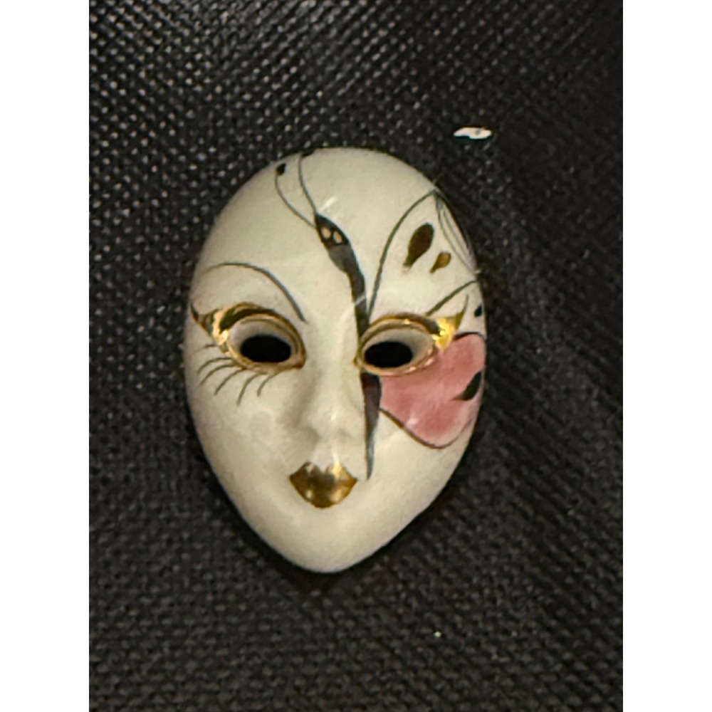 Porcelain Mask Pin Butterfly Design Gold Accents Vintage Charm